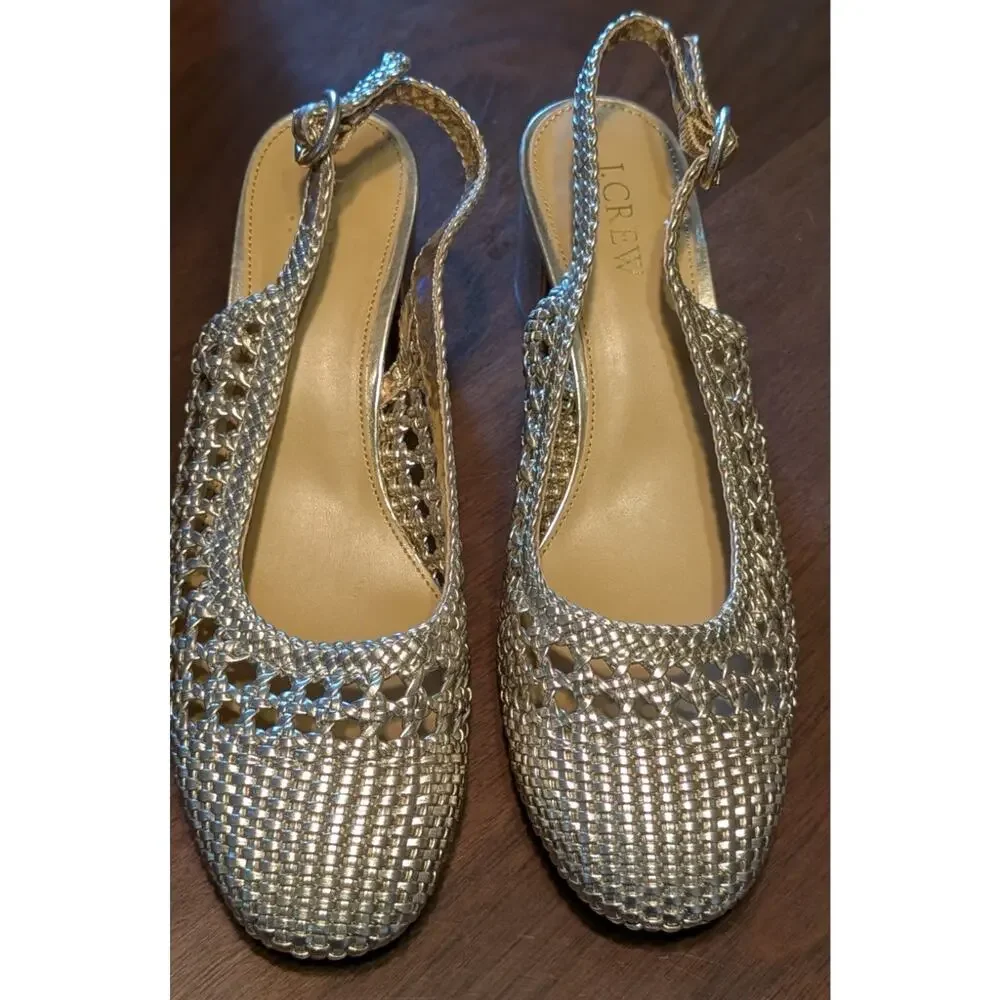 J.Crew Factory Woven Slingback Heels Gold Metallic Size 8.5 EUC - Picture 5 of 6